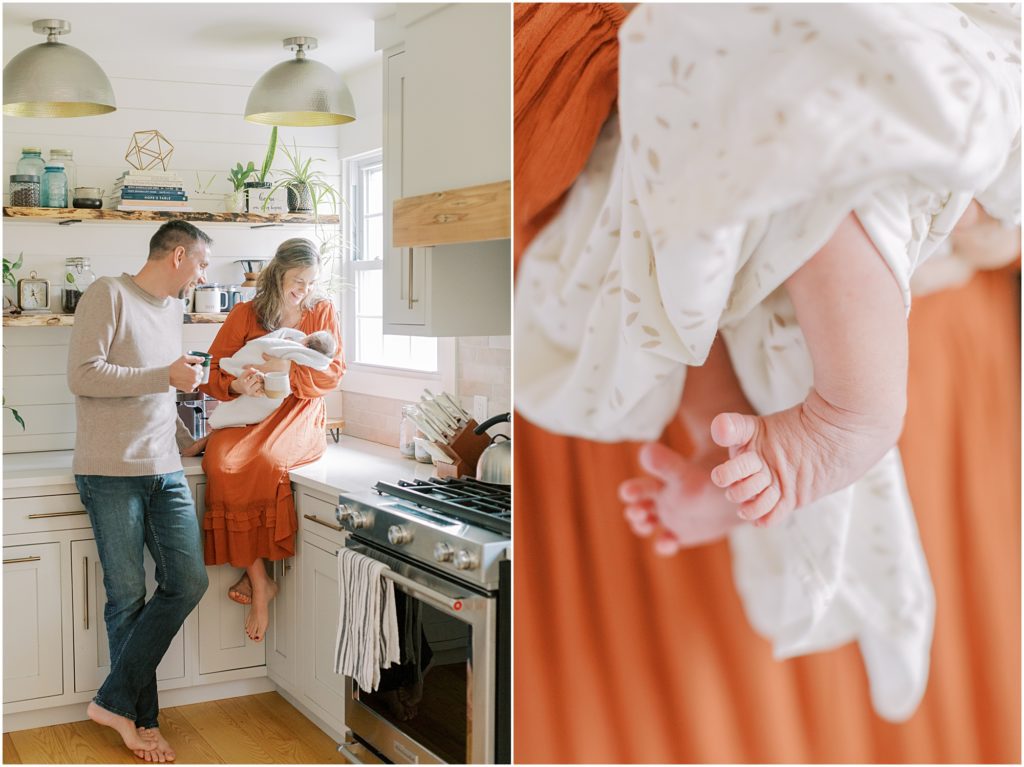 Parents at session with newborn baby in kitchen and details of the baby's toes