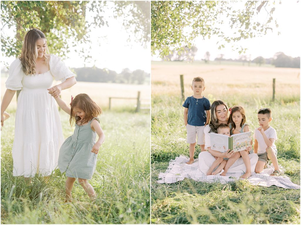Mother reading a story to her kids outdoors at Lititz Family Styled Session