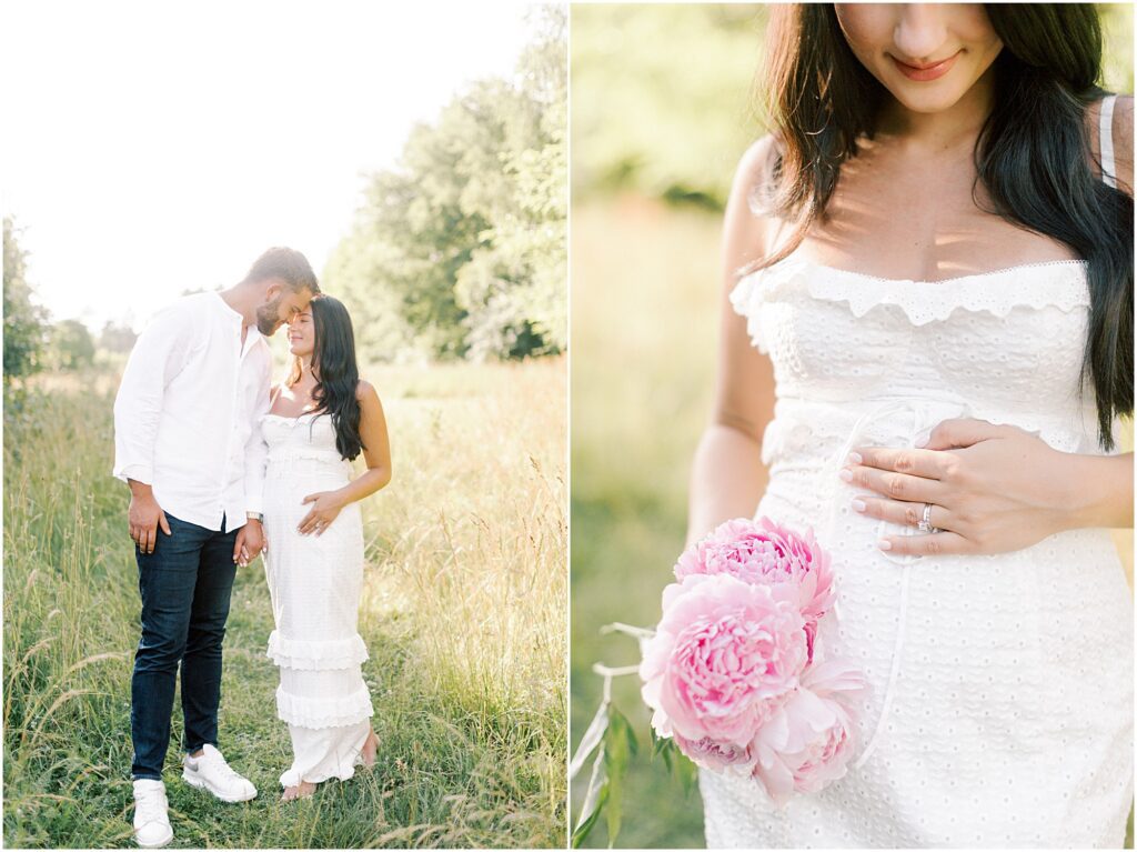 Husband and wife on the left and details of woman's pregnant belly on the right with Angelique Jasmin Photography