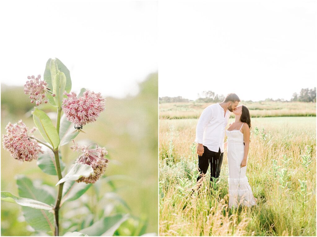 on the left a flowering milk weed and on the right a husband and wife kissing at a maternity announcement session.