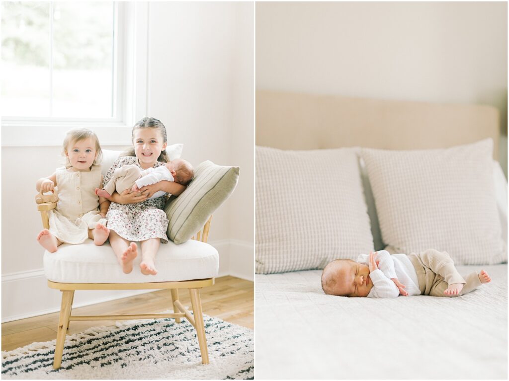 Left: sisters sitting on a chair holding their newborn baby brother. Right: Newborn baby laying on a bed