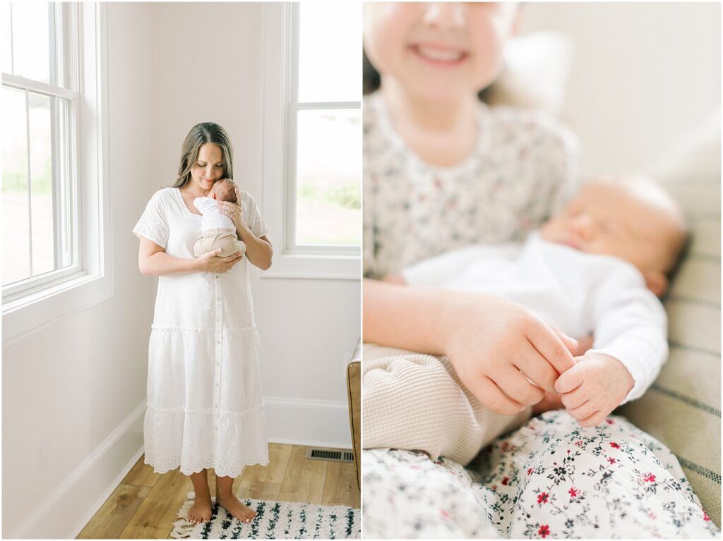 Left: Mother standing next to a window snuggling her newborn. Right: Details of older sister holding her baby brother's hand. 