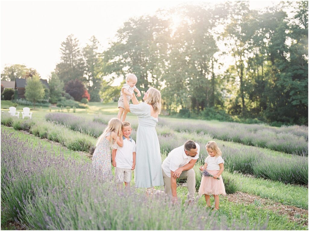 Family interacting in a lavender field