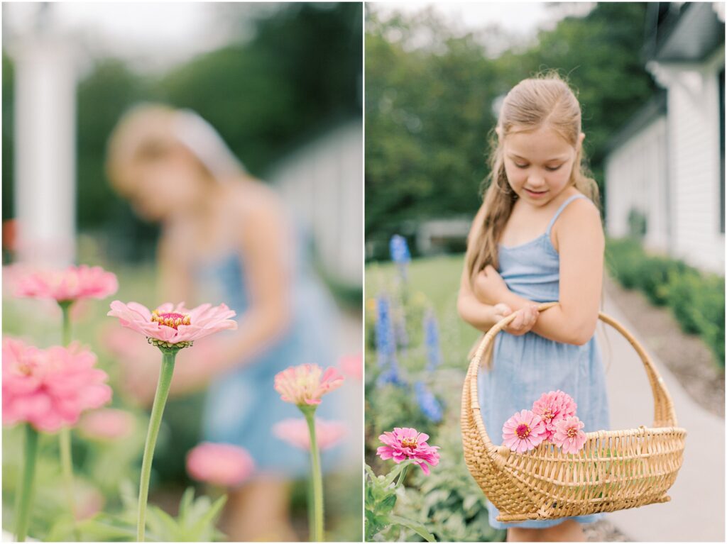 On the left, a close up of a pink zinnia with a young girl in the background. On the right, a young girl holding a basket with pink zinnias.