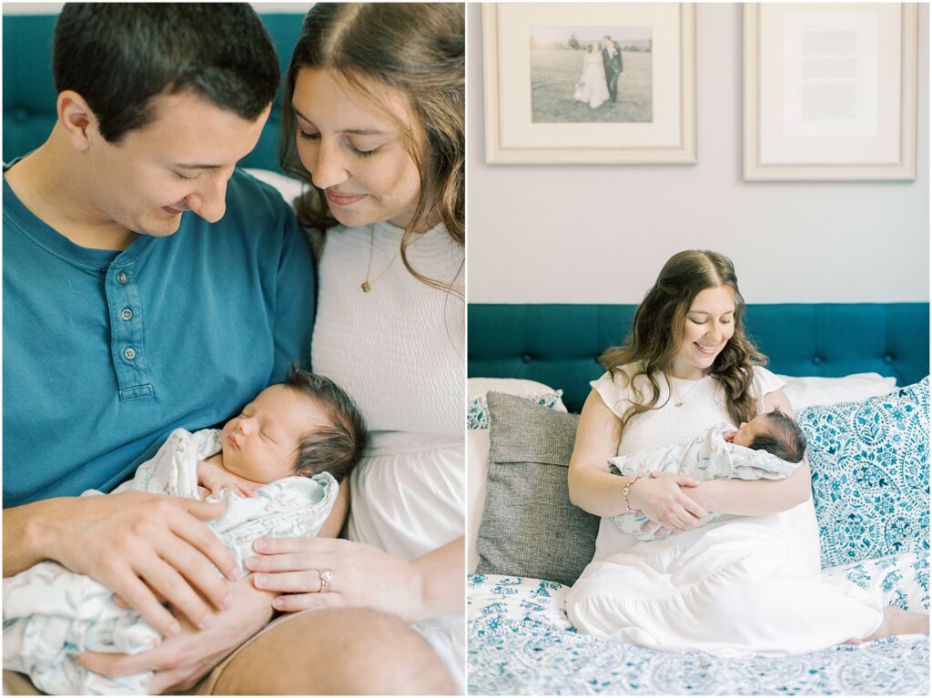 Left: Up close images of parents holding their newborn baby girl. Right: Mother holding her newborn baby girl sitting on her bed in Elizabethtown PA Newborn Photographer.