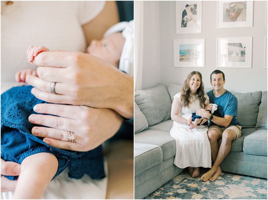 Left: Up close details of parent's hands with their rings holding their baby's hand. Right: Parents holding their baby girl on the couch.