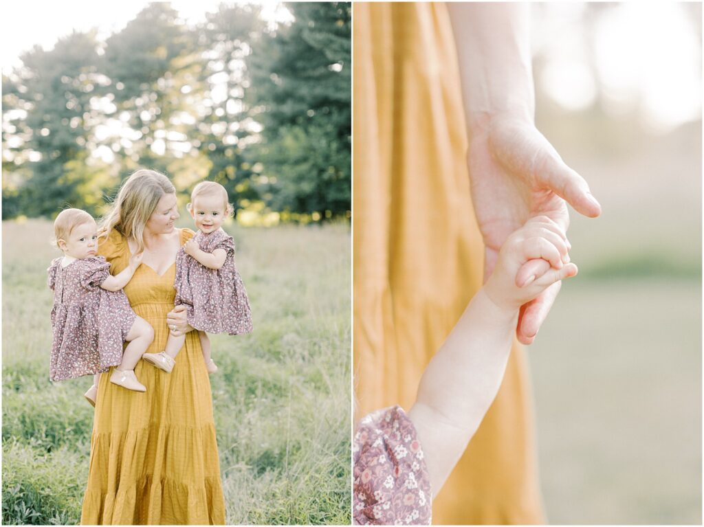 Left: Mom with twin toddler daughters on her hips. Right: up close image of toddler's fingers wrapped around mom's fingers in a family session at Lancaster County Central Park.