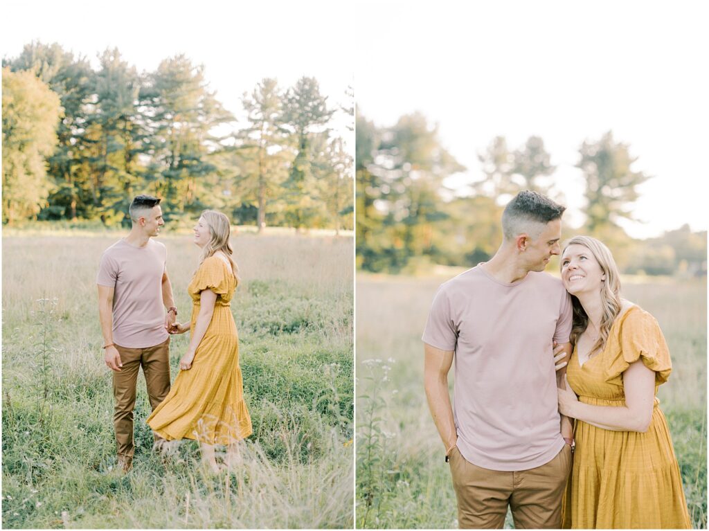 Left: Parents standing together in a grassy field. Right: woman resting her head on her husband's shoulder while they look at each other lovingly.