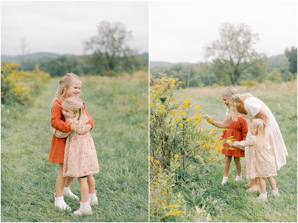 Left: sisters hugging each other. Right: Mother looking at goldenrod flowers with her two young daughters.