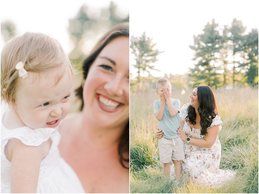Left: Toddler girl smirking while her mama looks on. Right: Mother kneeling in a field looking at her son laughing with his hands over his face.