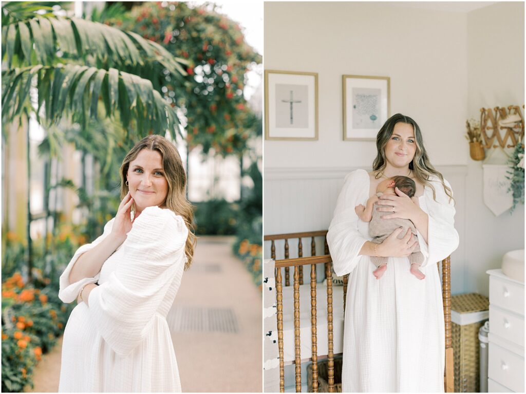 Left: Expecting mother with arms resting on her bump in a conservancy. Right: Mother with newborn in her arms in the nursery, next to the crib.