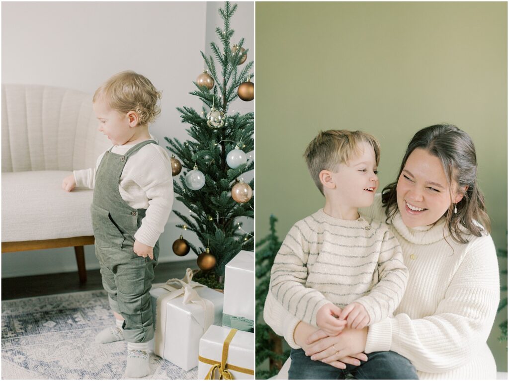 Left: Toddler boy next to a small Christmas tree and wrapped gifts. Right: Young boy talking in his mama's ear while sitting on her lap.
