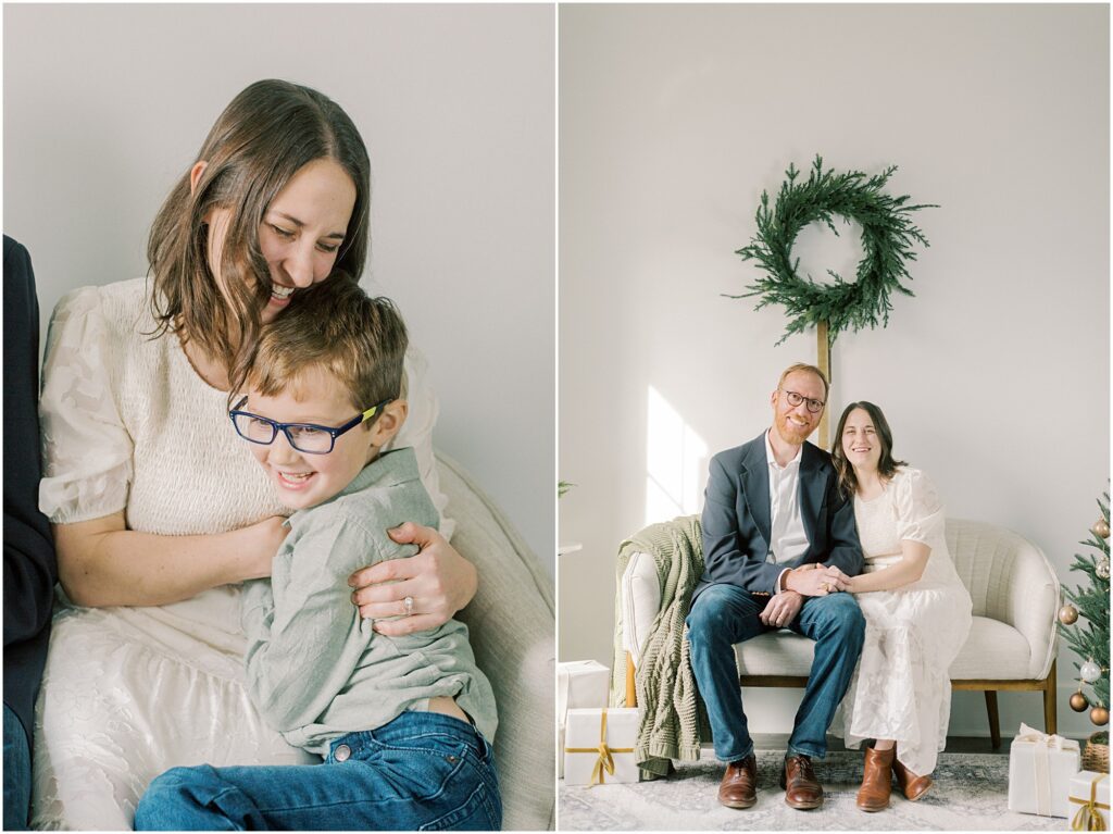Left: Mother hugging close her son. Right: Couple together on a couch at a Christmas Mini Session.