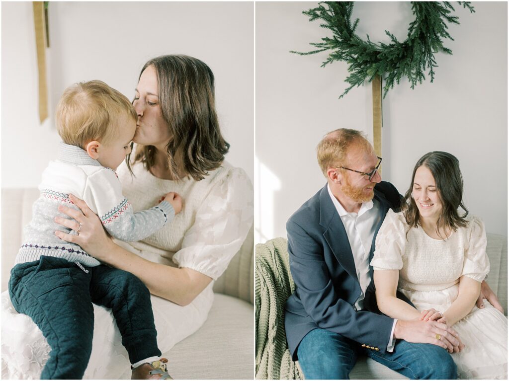 Left: Mother kissing her toddler boy's forehead. Right: Husband and wife having a moment together while sitting on a couch.