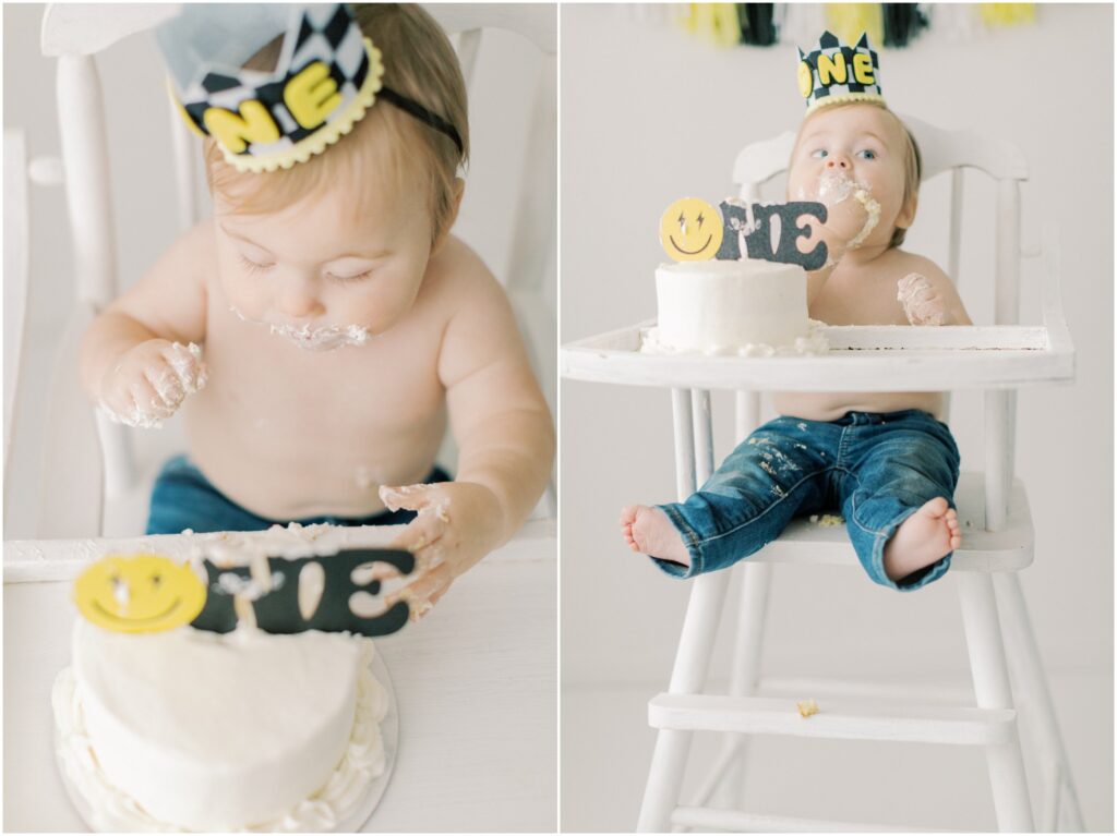 Toddler boy at this cake smash with Angelique Jasmin Photography