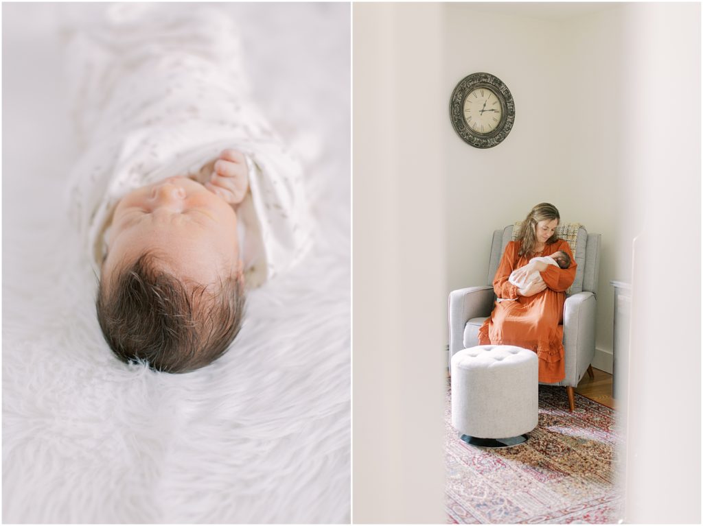 Mother in rocking chair with baby at newborn session at hom