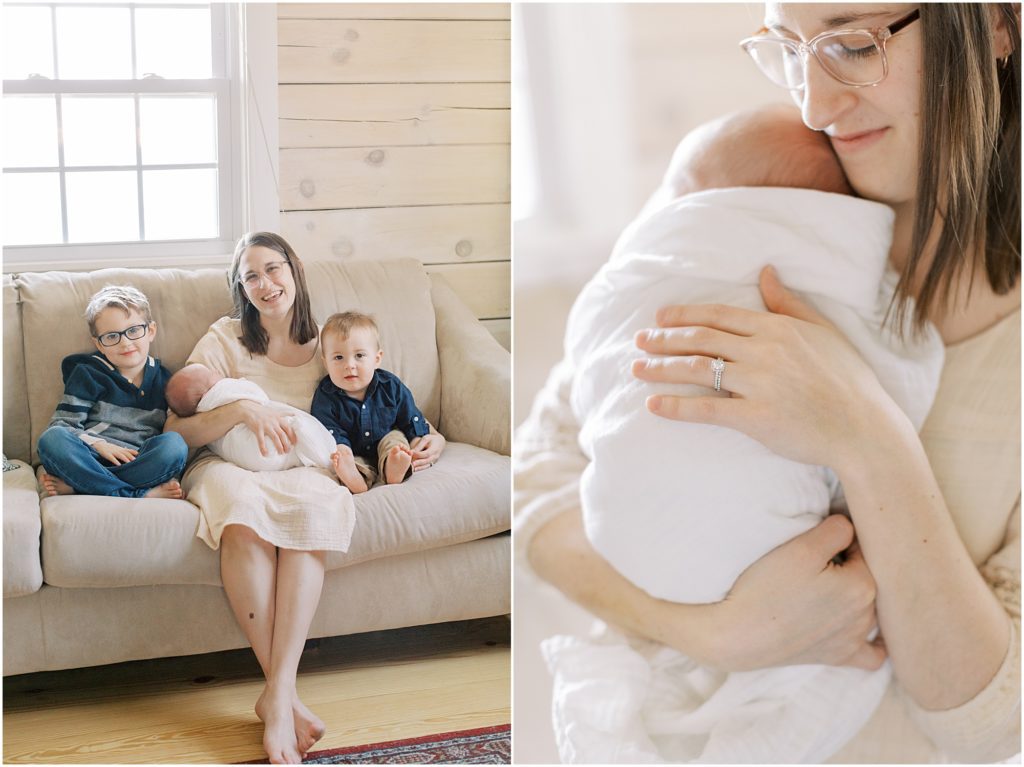 Momma with boys and newborn baby boy at new born session