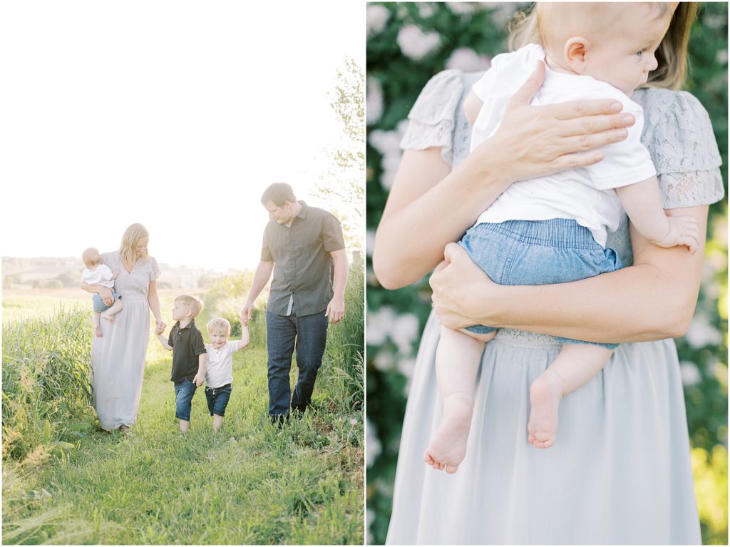 Parents walking with children; momma with baby in her arms at Lilac Mini Session