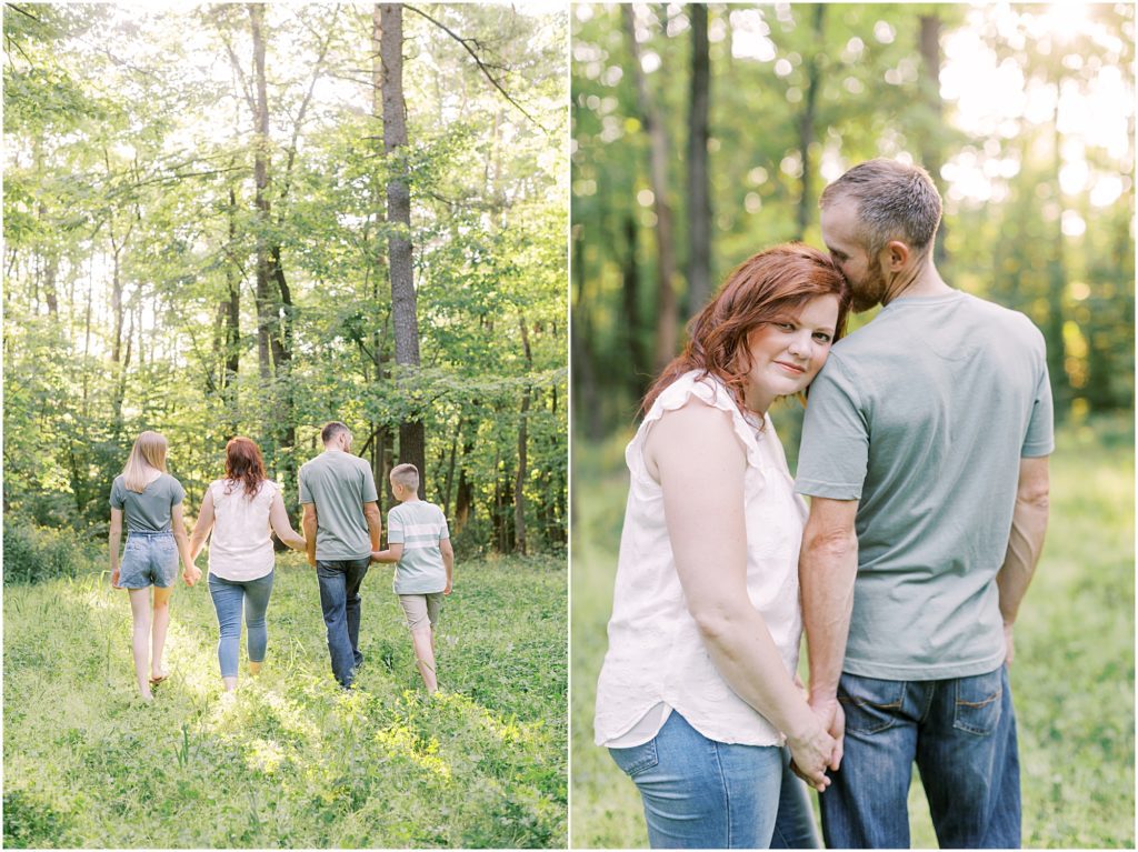 Family walking together in the woods during Mount Gretna Family session