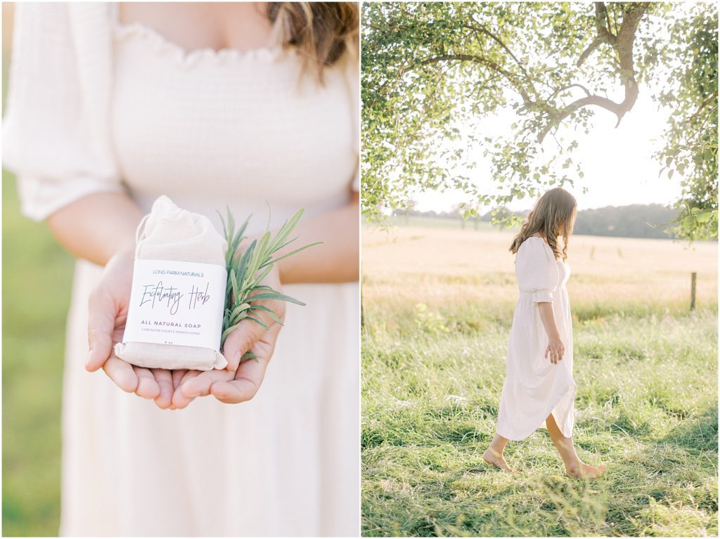 Handmade Soap and woman walking in a pasture at Lititz Family Styled Session