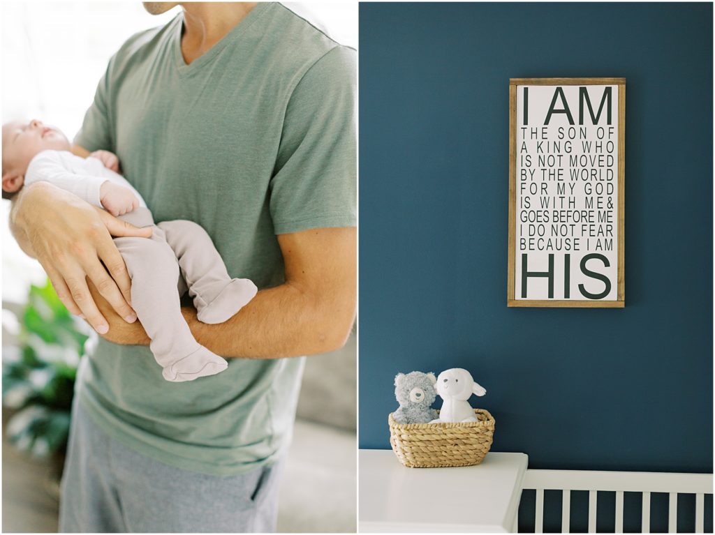Nursery details and dad with baby boy feet