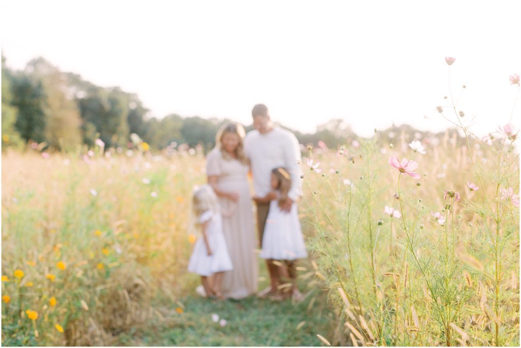 Family in flower field maternity session
