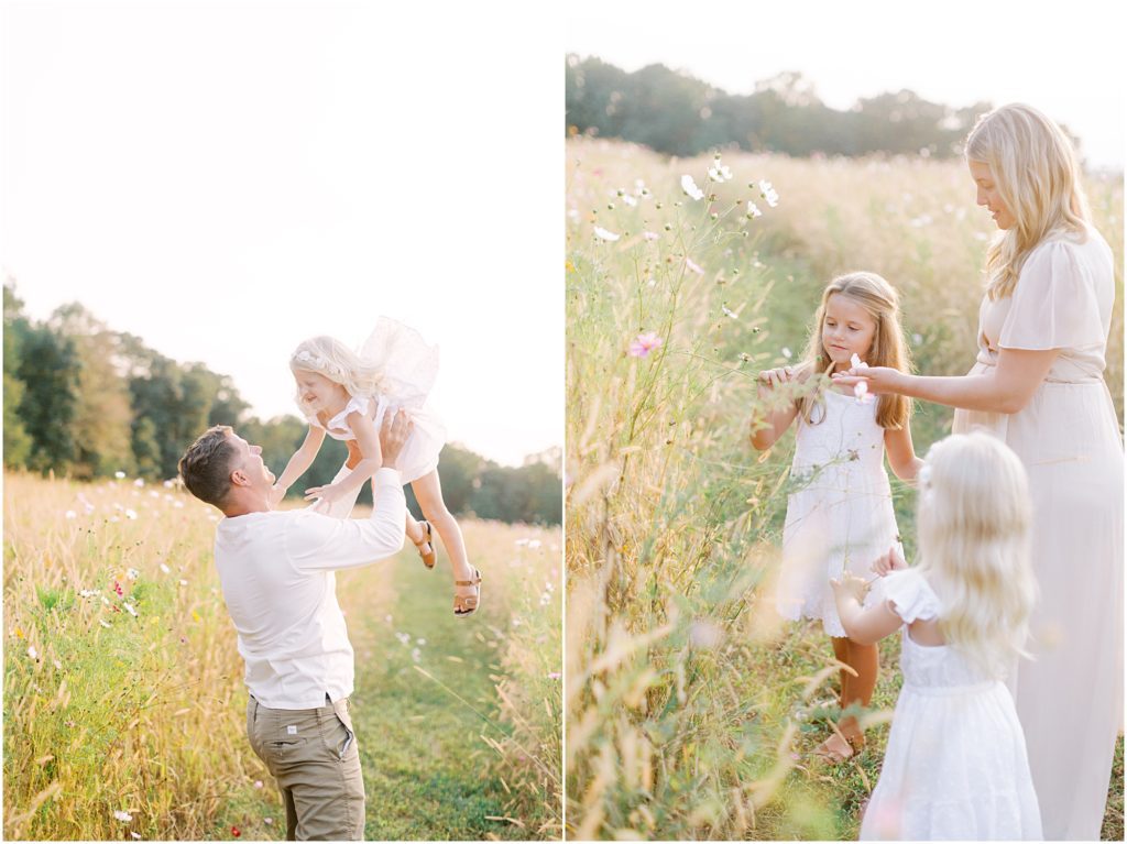 Father throwing little girl in the air; girls looking at flowers with mom