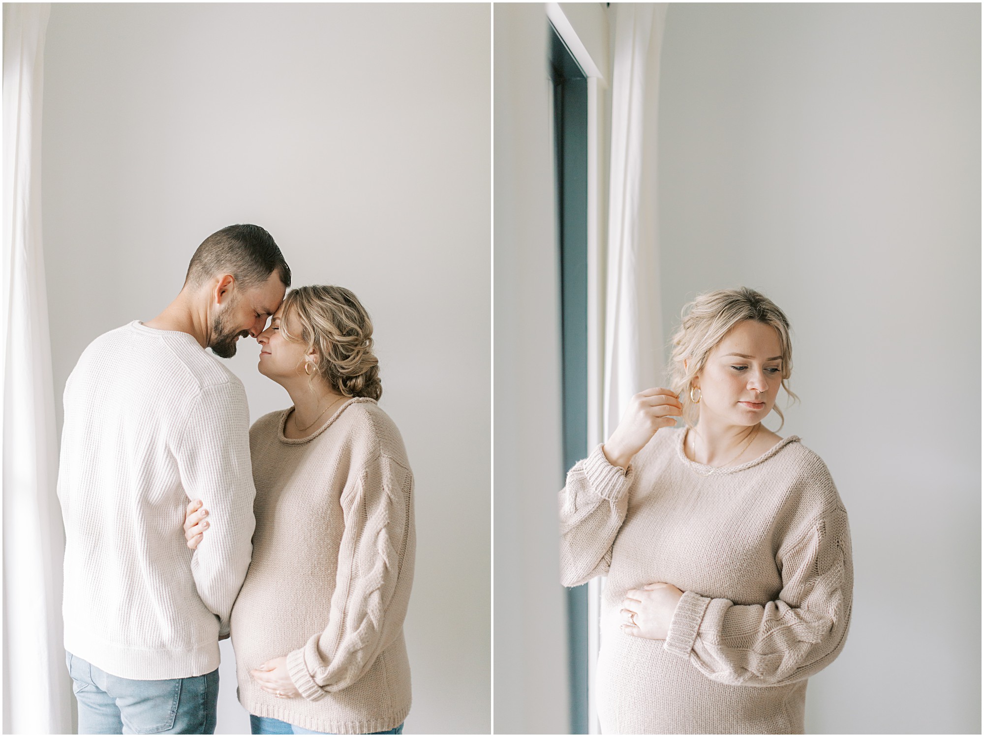 Couple at indoor maternity session and expectant mother by the window at session