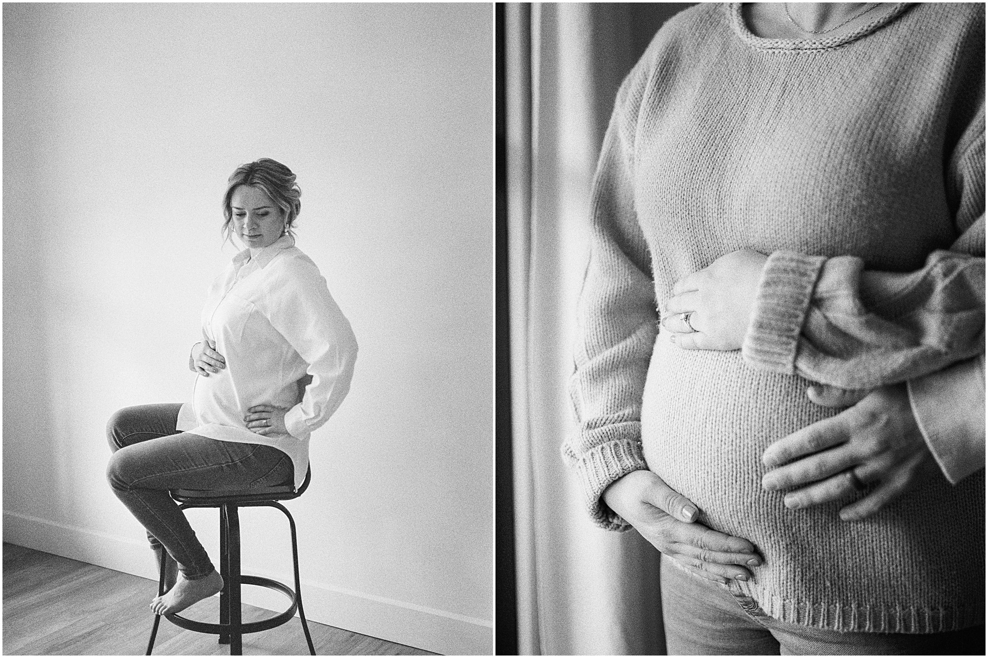 Black and white images of pregnant mother at maternity session and close up of couples hands on the pregnant belly
