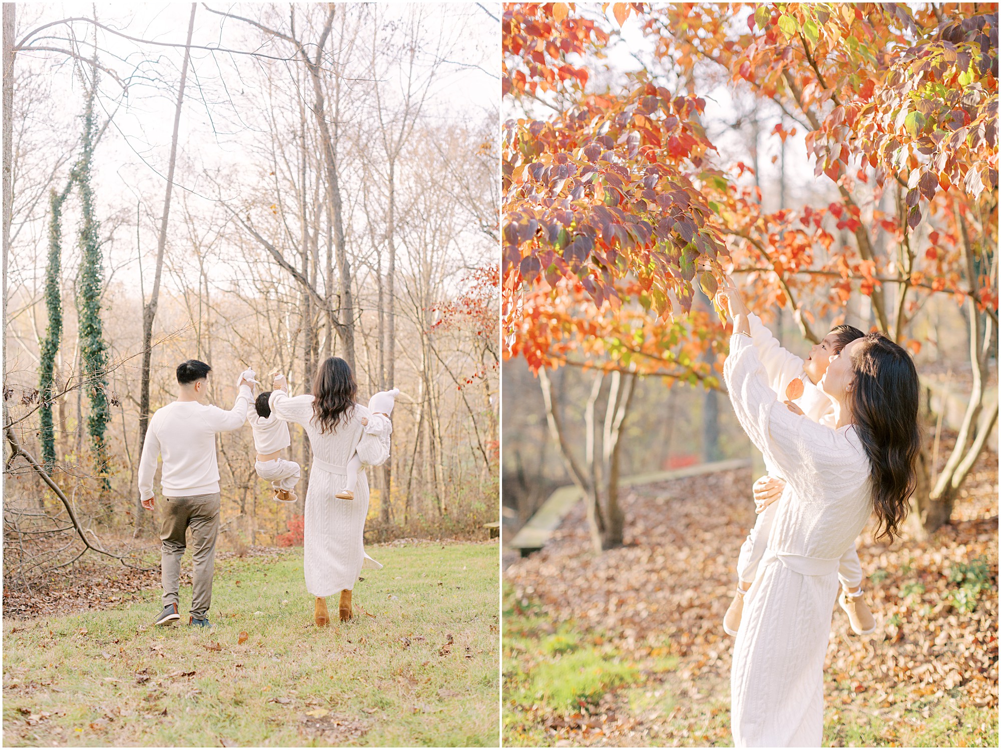 Parents swinging their toddler together and mama exploring the leaves with her son