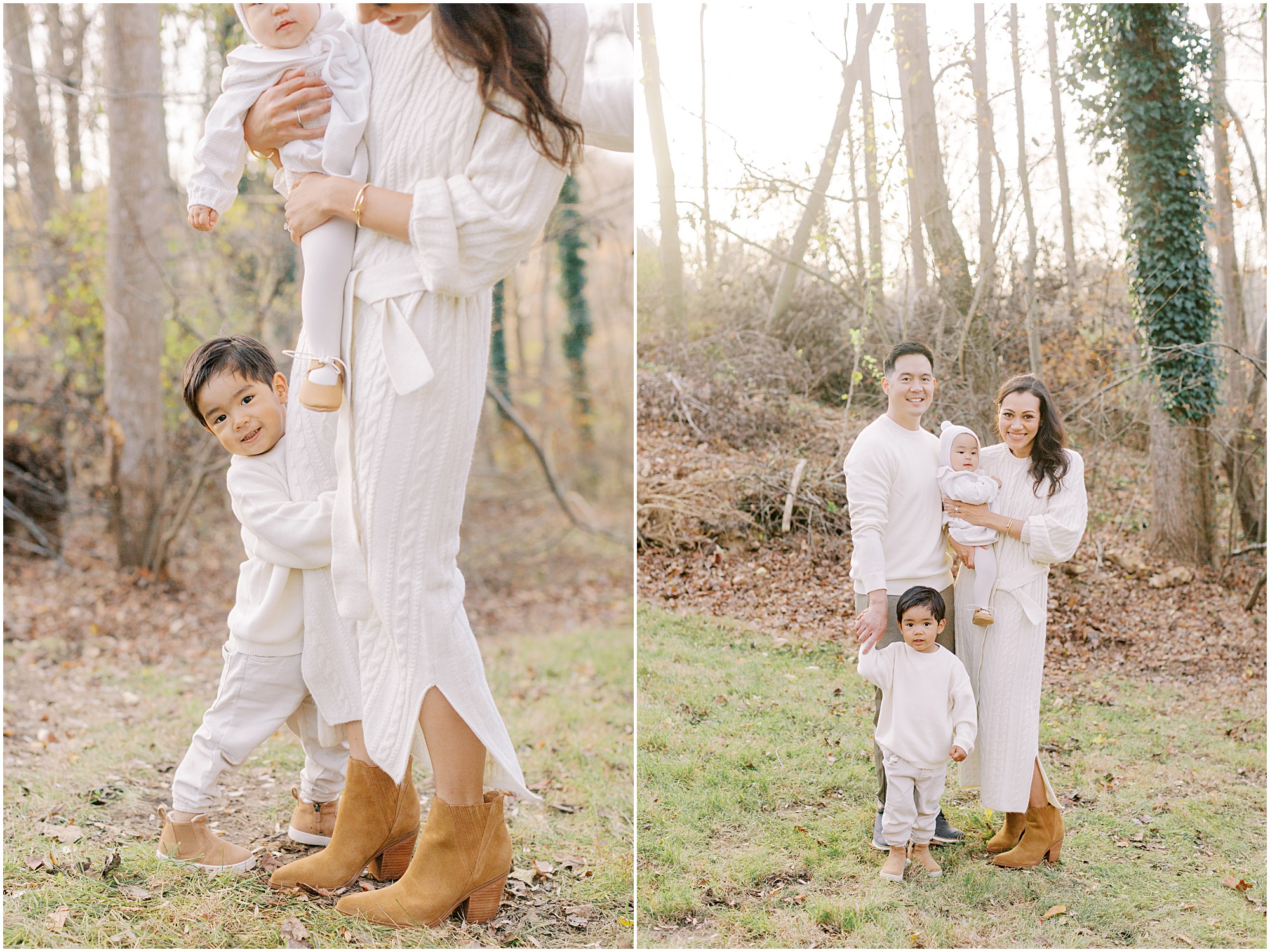 Boy clinging to his mom's leg and family at a family photography session