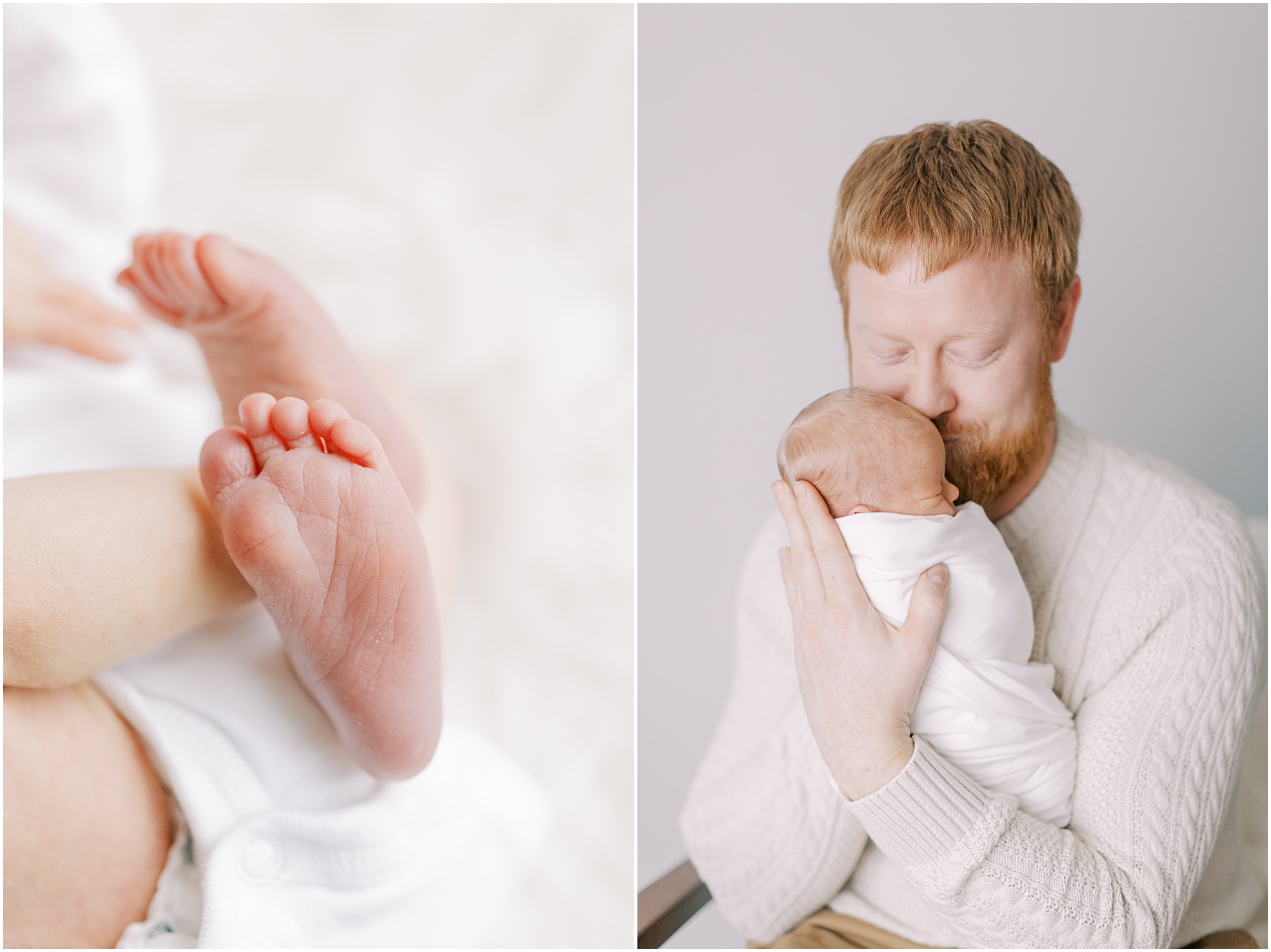 Dad kissing newborn baby boy's head and details of the newborn's feet