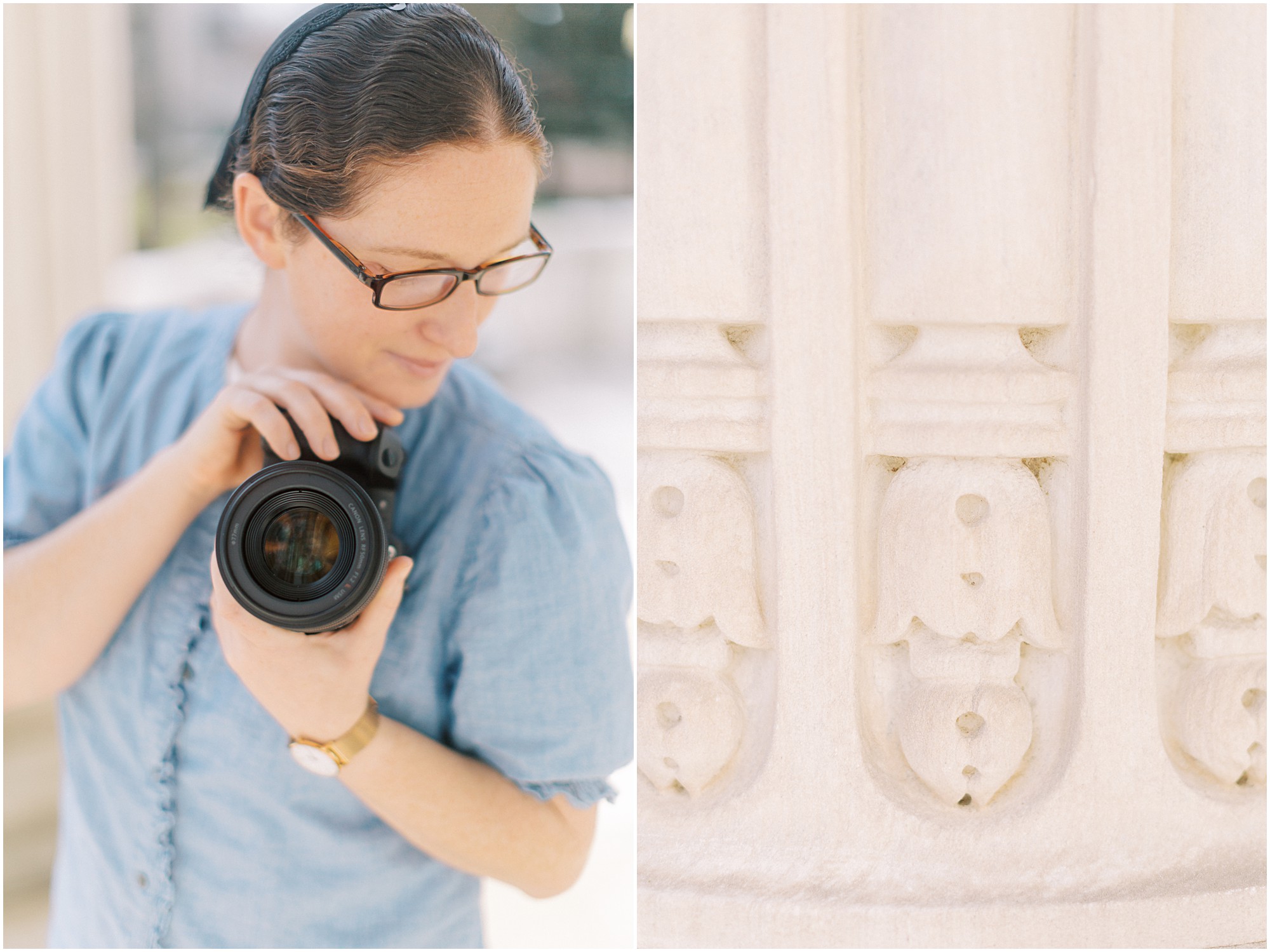 Close up of a photographer's face with her camera and details of the architecture at the DAR in Washington DC.