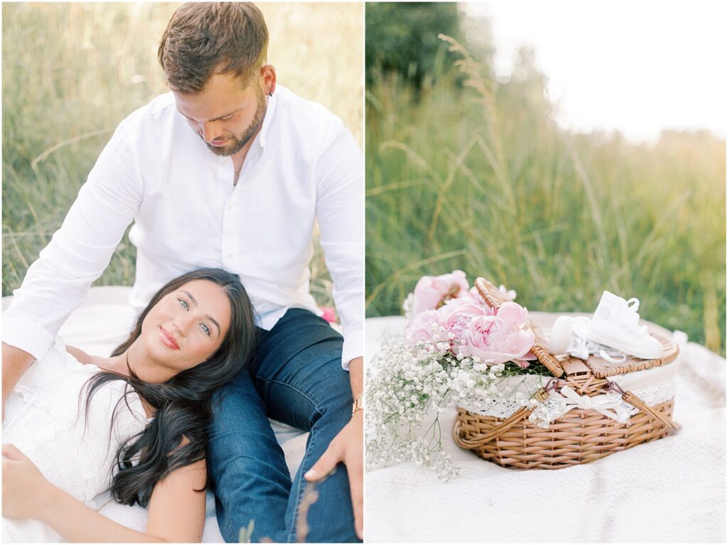 on the right a man sitting with woman's head on his leg at a maternity session and on the left a basket with peonies and baby shoes
