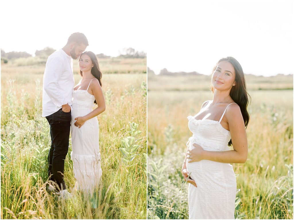 Husband and wife at maternity session on the left and pregnant woman in a white dress on the right