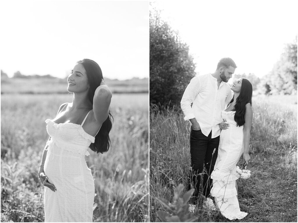 Black and white images from an Intimate Maternity Session. Pregnant woman on the left and husband and wife together on the right.