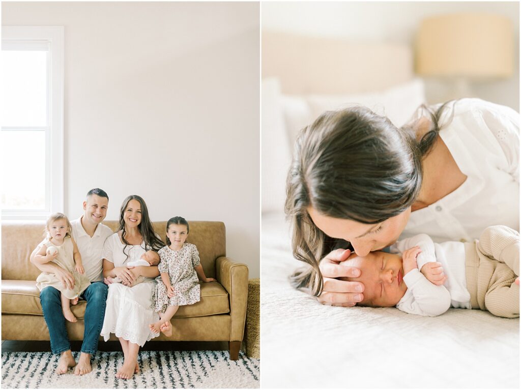 Left: Family sitting on the couch at Chester County PA Newborn Photographer session. Right: Mother laying on her bed kissing her newborn son.