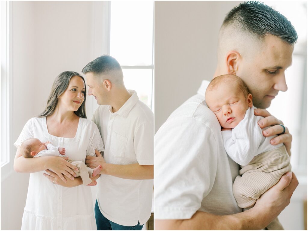 Left: Parents looking at each other while holding their newborn son. Right: Father holding his newborn son on his shoulder.