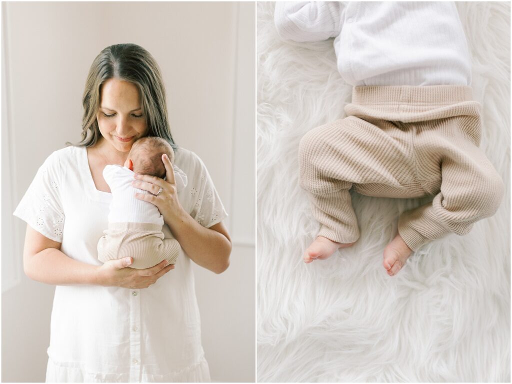 Left: Mother holding her newborn son. Right: details of newborn baby boy's legs and feet.