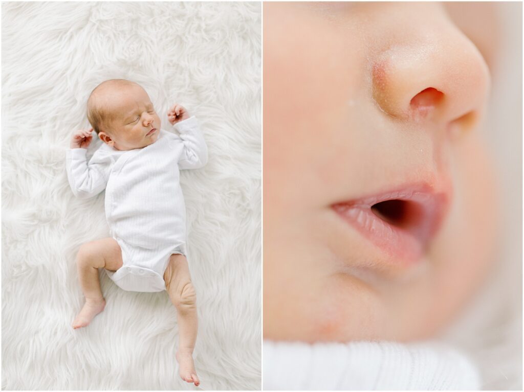 Left: Newborn baby on white, fur background. Right: Macro details of baby's mouth and nose.