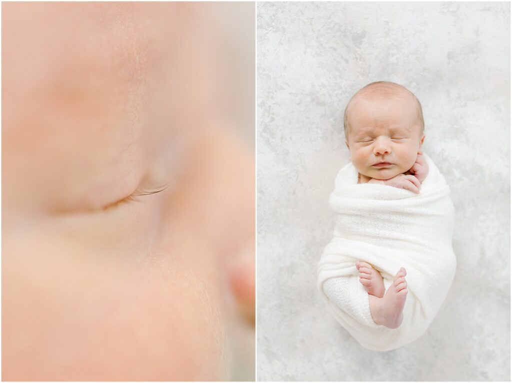 Left: details of newborn's eye lashes. Right: Newborn baby wrapped in white on styling mat.