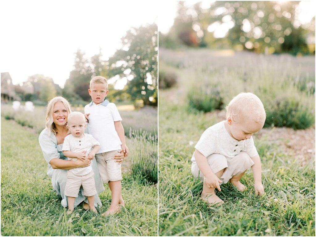 On the right a mom with her boys and on the left a toddler playing with the grass