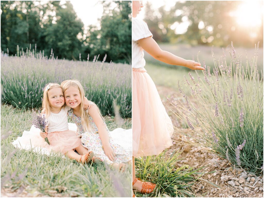 Sisters sitting together on a blanket on the right and on the left, a little girl feeling the lavender blooms at sunset