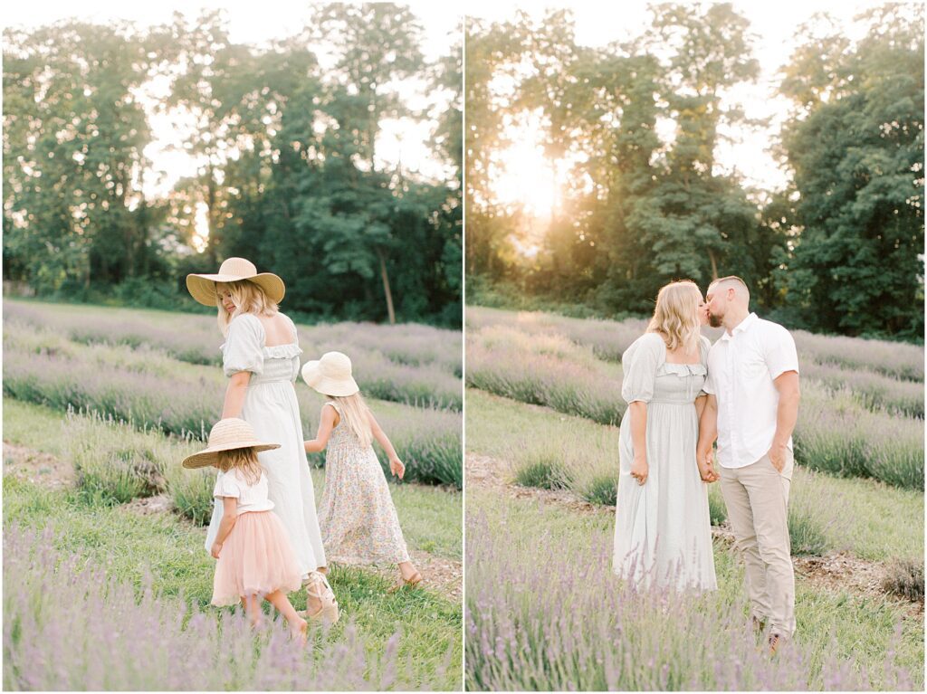 On the right, a mother walking with her daughters in a lavender field and on the right, a couple kissing in a lavender field