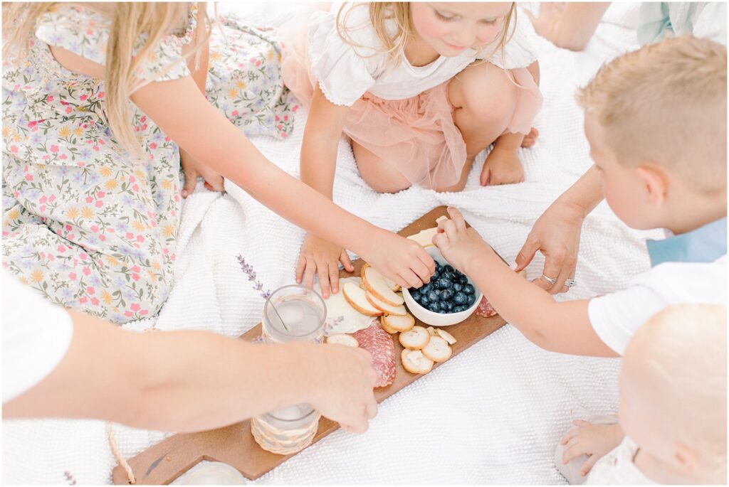 Downward shot of a family's hands at a charcuterie board picnic on a white blanket
