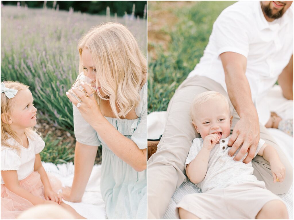 On the left, a mother sipping a drink at a picnic in a lavender field. On the right, a dad tickling his toddler son.
