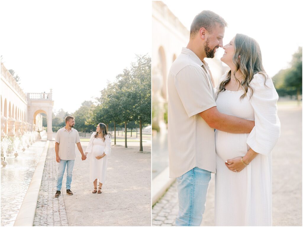 Left: Couple walking near the fountains at Longwood Gardens. Right: Couple embracing at a maternity session at Longwood Gardens