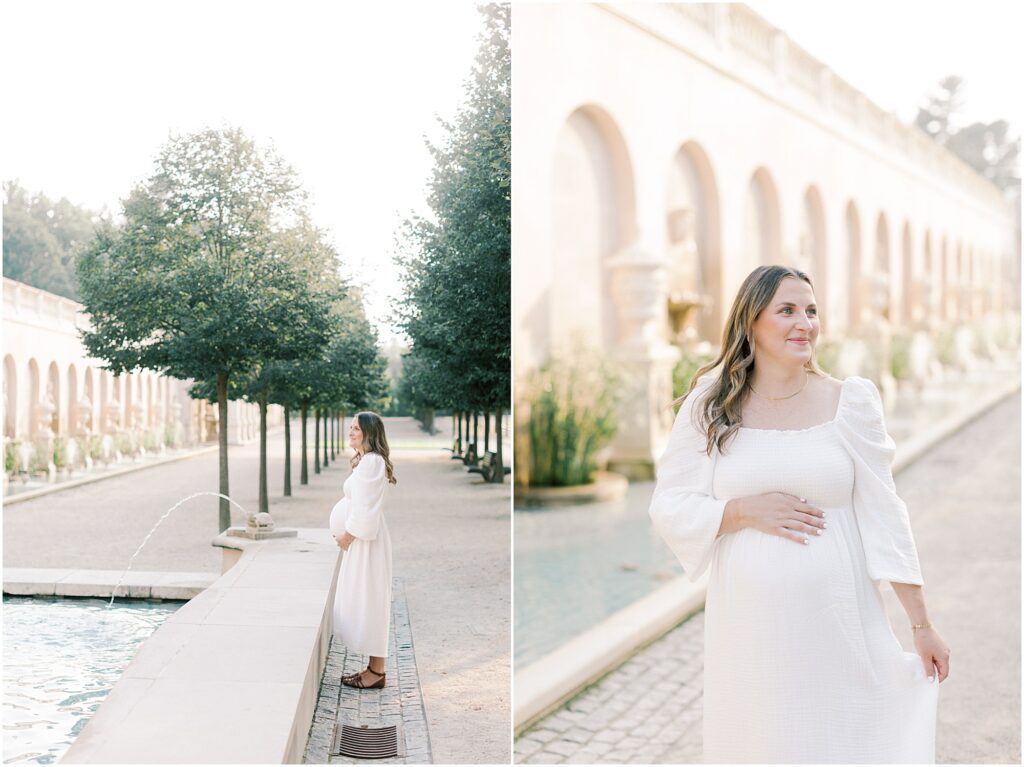 Left: Pregnant mama looking at the fountains. Right: The same woman walking next to the fountains looking off to the side.