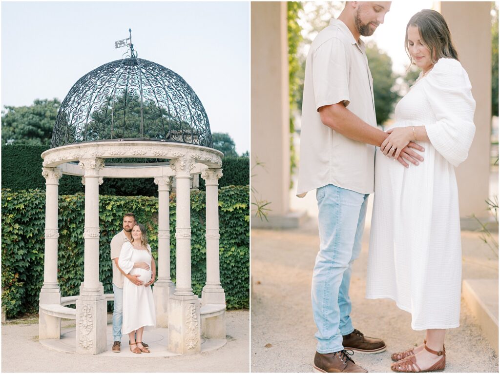 Left: Couple standing under a gazebo at a maternity session. Right: Parent's hands on the mama's pregnant belly.