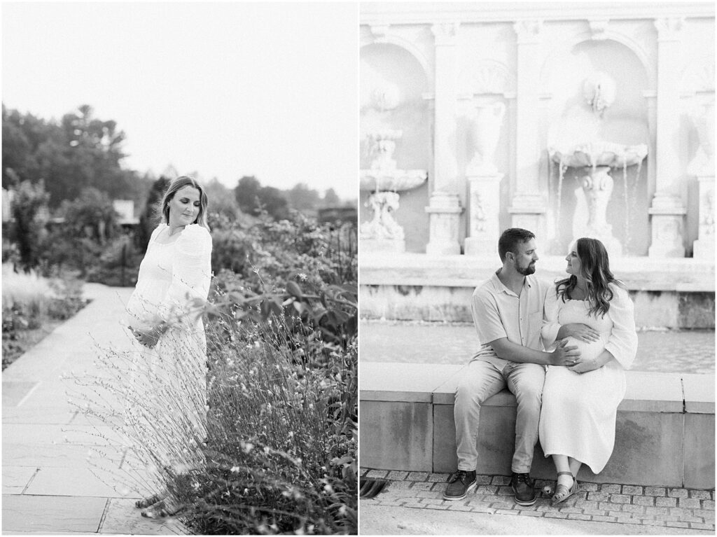 Black and white images of a pregnant mama on the left and on the right a couple sitting next to a pool and fountains in Longwood Gardens.